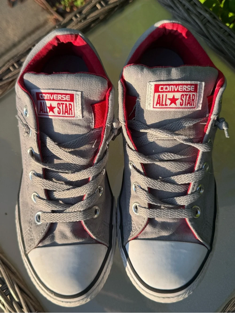 Converse Kids Low Top Canvas Sneakers - Slip In or Tie - Gray & Red - Size 5